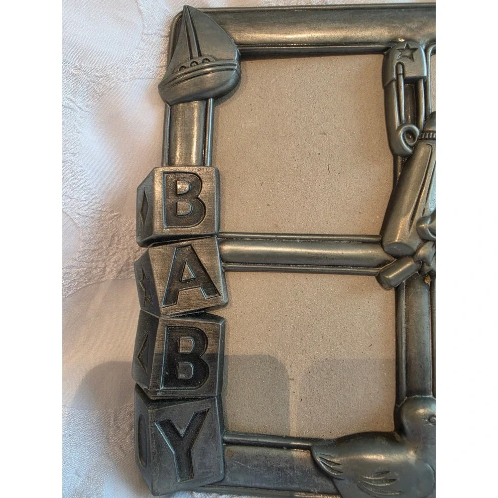 Vintage Pewter Tone Metal Baby Picture Frame 4-Opening Nursery Teddy Bear Blocks